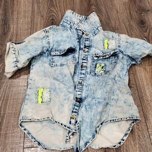 Girls Button Up Jacket Size 10-12 Stylish Girl Denim Jacket with Neon Highlights